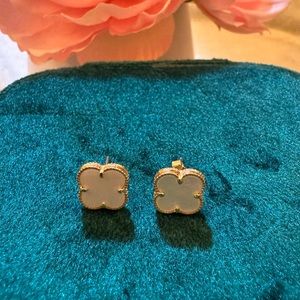 18k Real Gold clover white earrings